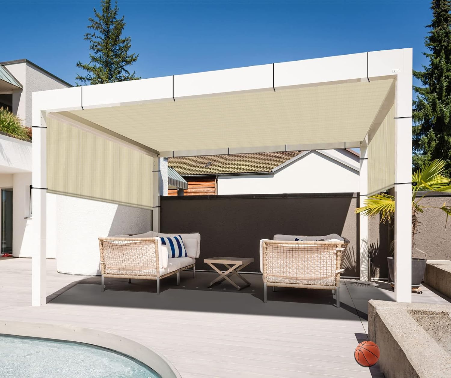 12' x 12' Universal Pergola Shade Cover with Grommets Weighted Rods, Sun Shade Cloth Outdoor Canopy Replacement Cover, Patio Awning for Porch, Backyard, Gazebo, Garden, Beige