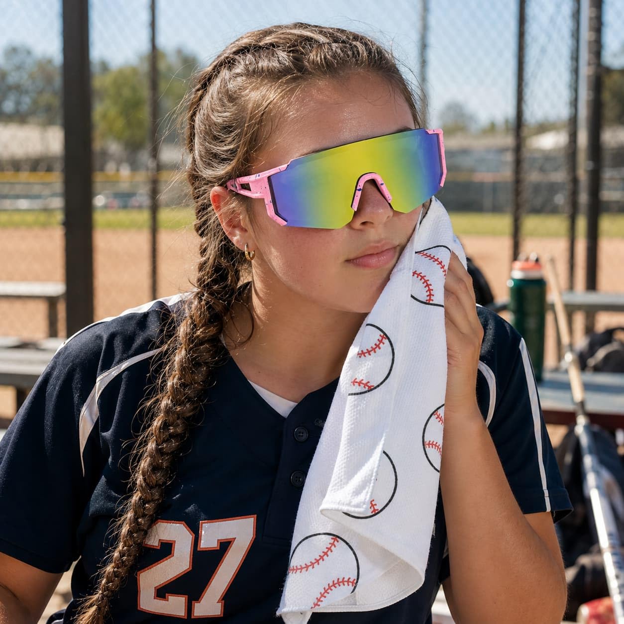 Set di accessori per softball, da uomo e da donna | Con occhiali da sole UV, custodia trasparente, elastici per capelli, fasce per capelli, bottiglia a tenuta stagna da 600 ml e