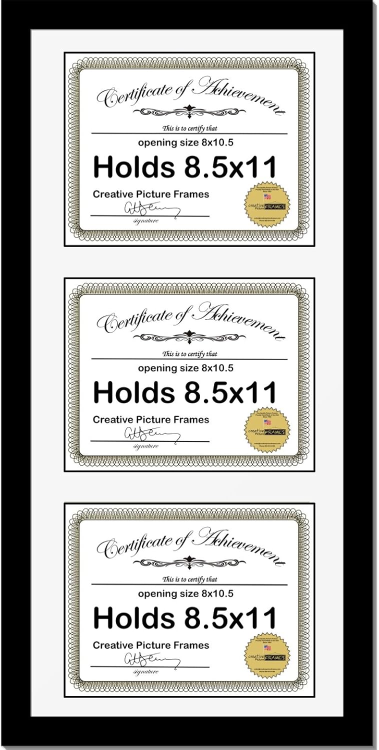 Creative Picture Frames 14X30Bk-W Black Vertical 8X5X11 Triple Diploma Frame With 3 Opening White Mat, Holds 3 8.5X11 Inch Documents With Wall Hanger