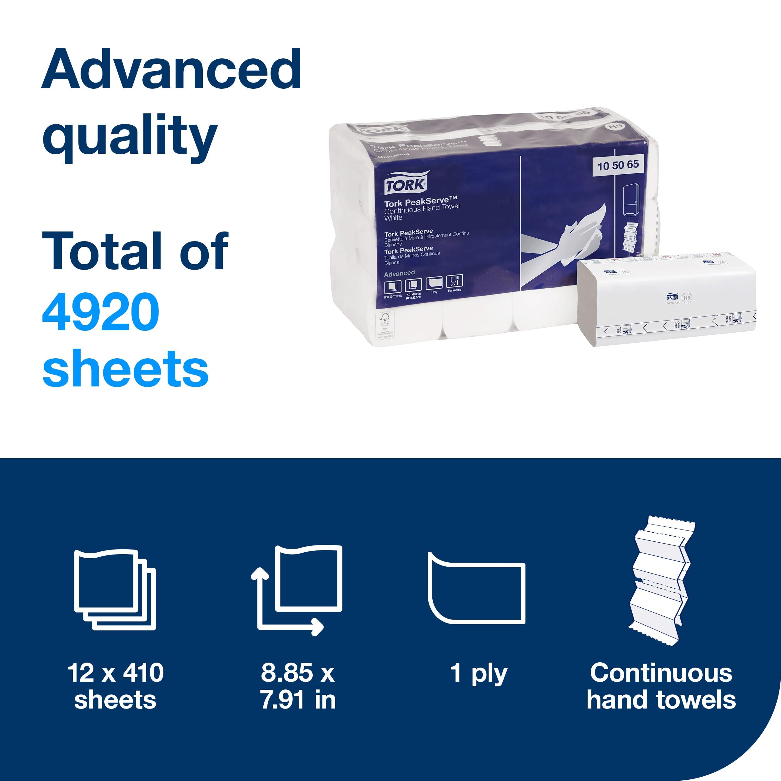 Tork PeakServe 105065 - Toalla de mano continua H5, avanzada, comprimida, 12 x 410 hojas, color blanco