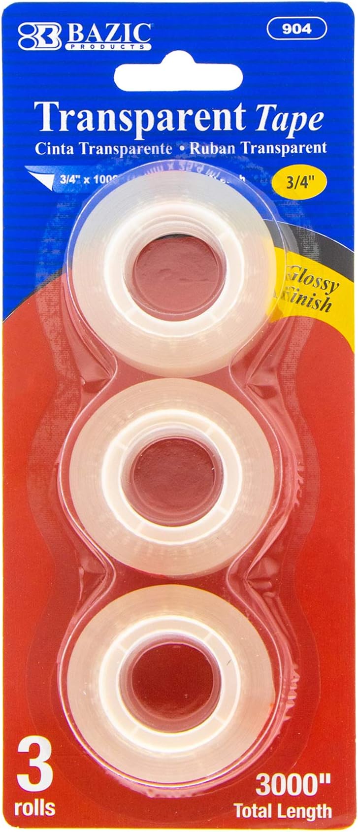 BAZIC Products Clear Tape 3/4" X 1000", Transparent Stationery Tapes Glossy Finish Refills Rolls, Arts Craft Gift Wrapping (3/Pack), 1-Pack