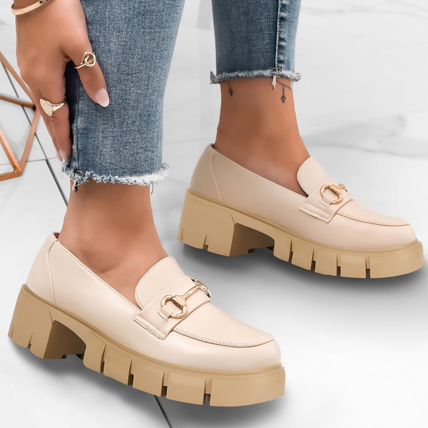 Coutgo Womens Chunky Platform Lug Sole Loafers Mid Heel Square Toe Dress Walking Work Shoes with Buckle Chain - Image 2