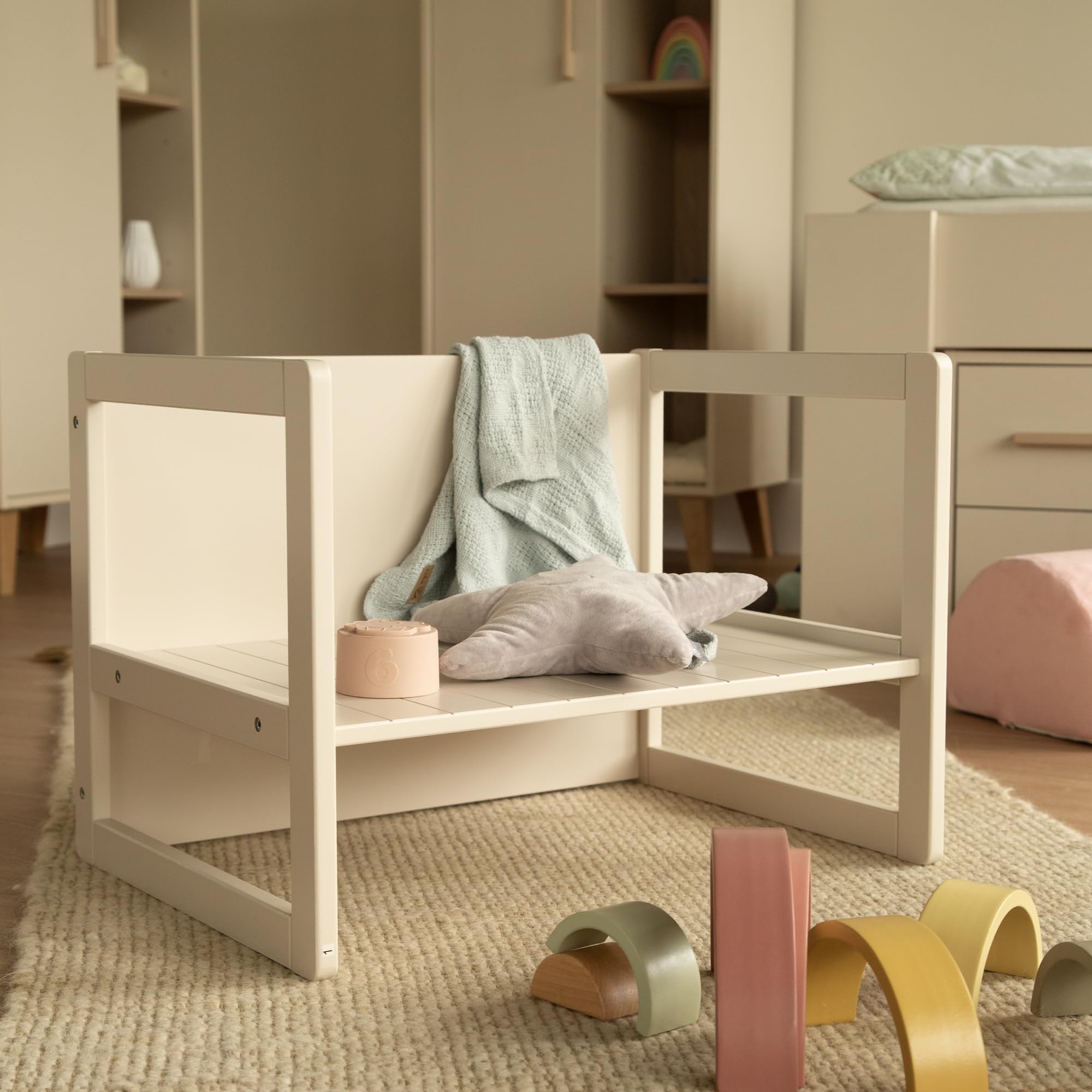 roba Sitzbank für Kinder im Landhausstil - Bank zum Wenden mit 2 Sitzhöhen - als Kindertisch verwendbar - Holz beige/Cashmere