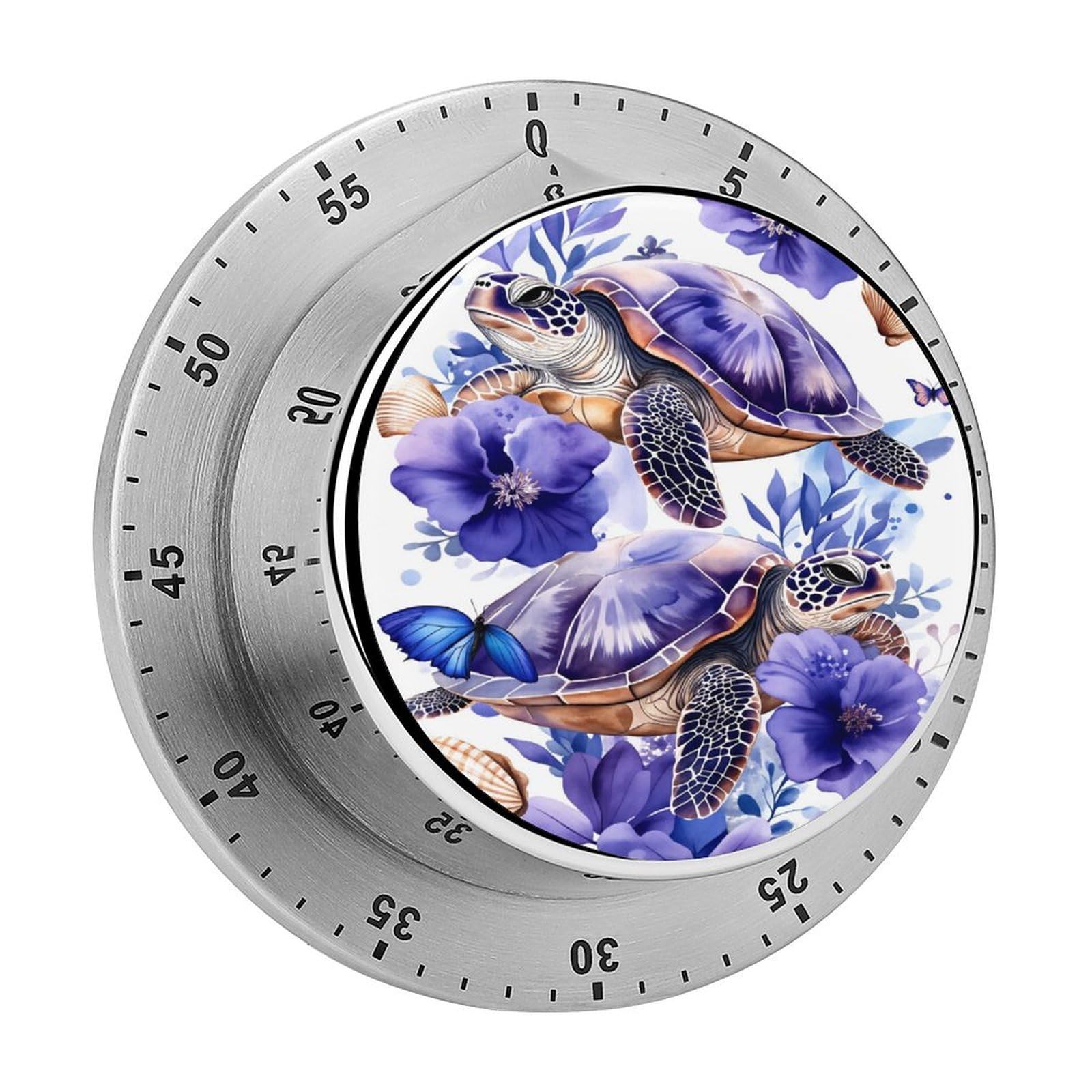 Purple Sea Turtles Flowers 60 Minute Wind Up Timer,Visual Mechanical Magnetic Timer with Loud Alarm for Kitchen