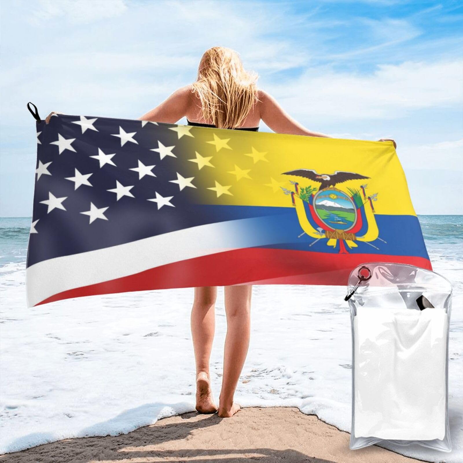 HACXZ Funny America Flag and Ecuador Flag Absorbent Beach Towel Microfiber Beach Shower Towel 31.5"X63"