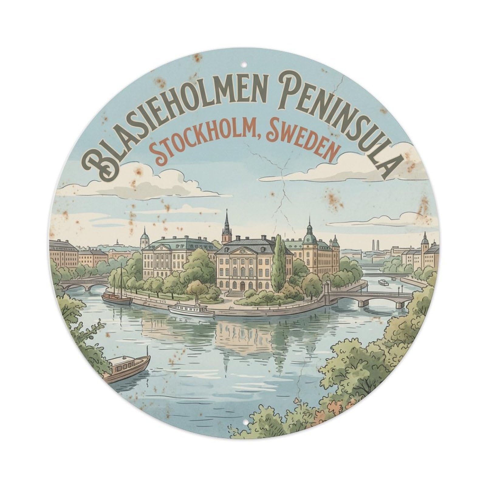 Vintage Travel Blasieholmen Sweden Peninsula Metal Tin Sign