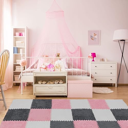 Miniatura 4 de 36 tapetes cuadrados de espuma de felpa, azulejos entrelazados con borde, tapete de juego esponjoso, alfombras suaves de área de escalada para