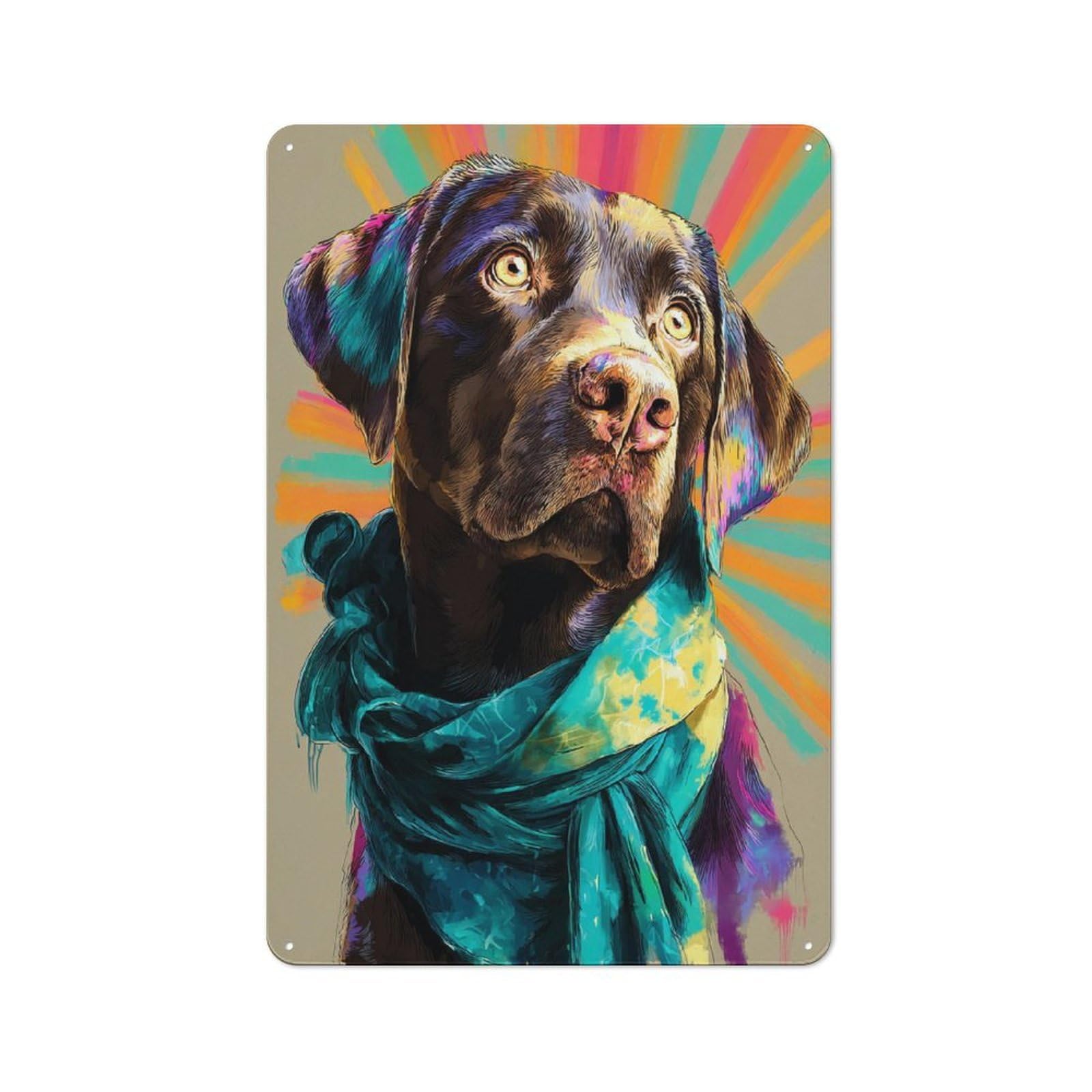 Junmoney Colorful Labrador Portrait With Scarf Rustic Metal Plaque 30X20cm For Studio Or Craft Room, Housewarming Present For People Styling Studio And Craft Room