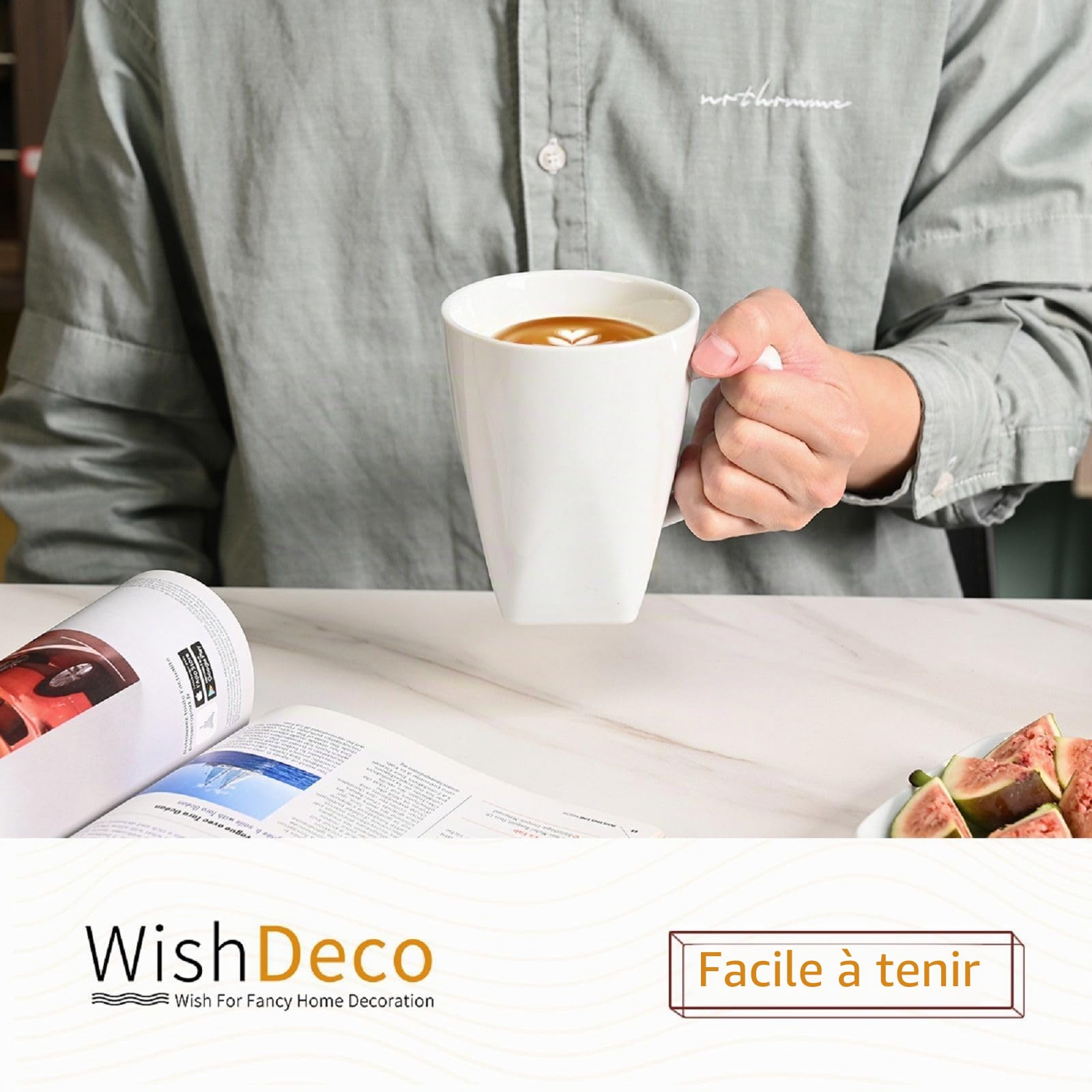 WishDeco Lot de 6 Tasses à Café, Mugs Blancs en Céramique 400 ml | Tasses à thé avec Anse, Grandes Tasse pour Lait, Jus de Fruit, Chocolat Chaud, Cappucino, Café latte, Fond Carré