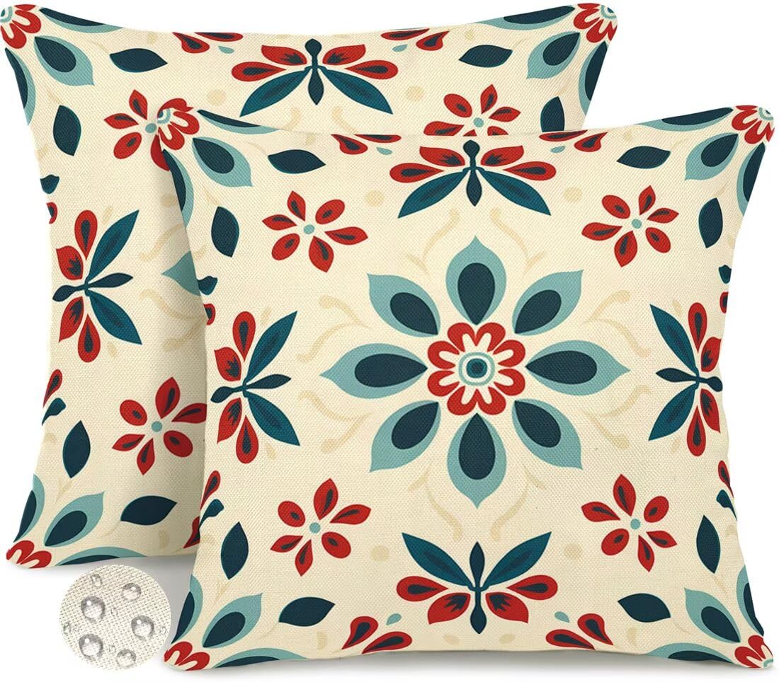 Wangllpgy Vintage Outdoor Cushions 35Cm X 35Cm Set Of 2 Waterproof Cushion Covers Geometric Flowers Garden Cushions Summer Decorative Pillows Throw Pillow Covers For Outdoor Patio Garden Couch Sofa -Gy470