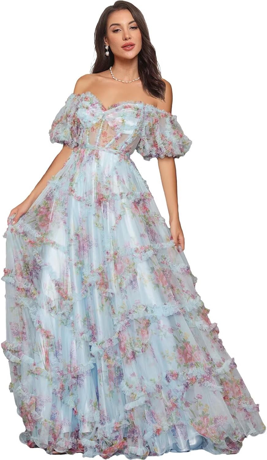 Women Off The Shoulder Ball Gown Dresses Floral Ruffle Tiered Quinceanera Dresses Tulle Sweet 16 Dress with Bow