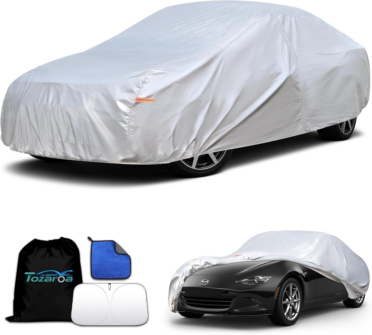 Car Cover Waterproof All-Weather,Heavy-Duty Outdoor Full Exterior Automobiles Snow Cover for Sedan up to 165 inch,with Sun Visor,Anti-Scratch Cotton Lining & Zippered,Towel&Storage Bag