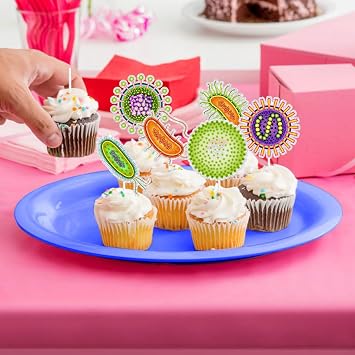 18pcs Virus Cupcake Toppers Bacteria Biology Theme Happy Birthday Decorations, Microbe, Virology Decorations, Boy and Girl Theme Birthday Party, Baby Shower and Germ Theme Party. SugarGera