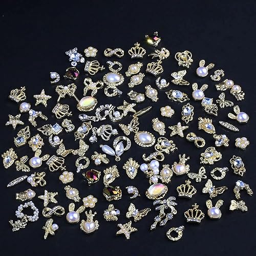 Miniatura 6 de Dornail 50 dijes de uñas dorados para uñas acrílicas, estilos mixtos de aleación de perlas brillantes, diamantes de imitación de flores, mariposa,