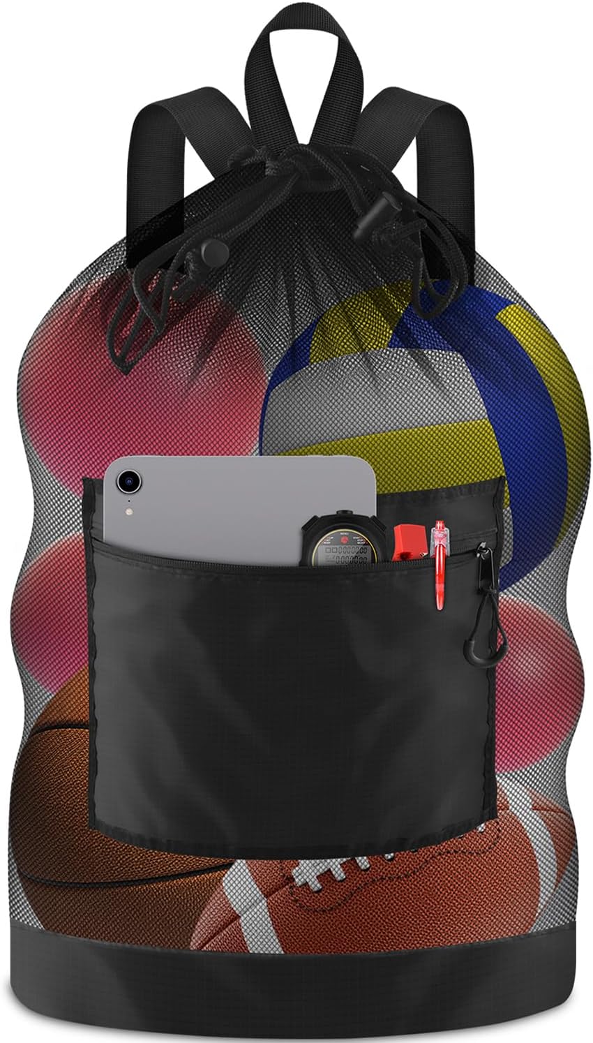 BROTOU Soccer Ball Bag with Double Shoulder Strap Large Mesh Sports Equipment Net Bag with Top Handle Heavy Duty Drawstring Bags Team Work for Basketball, Volleyball, Baseball, Swimming Gear - Image 2