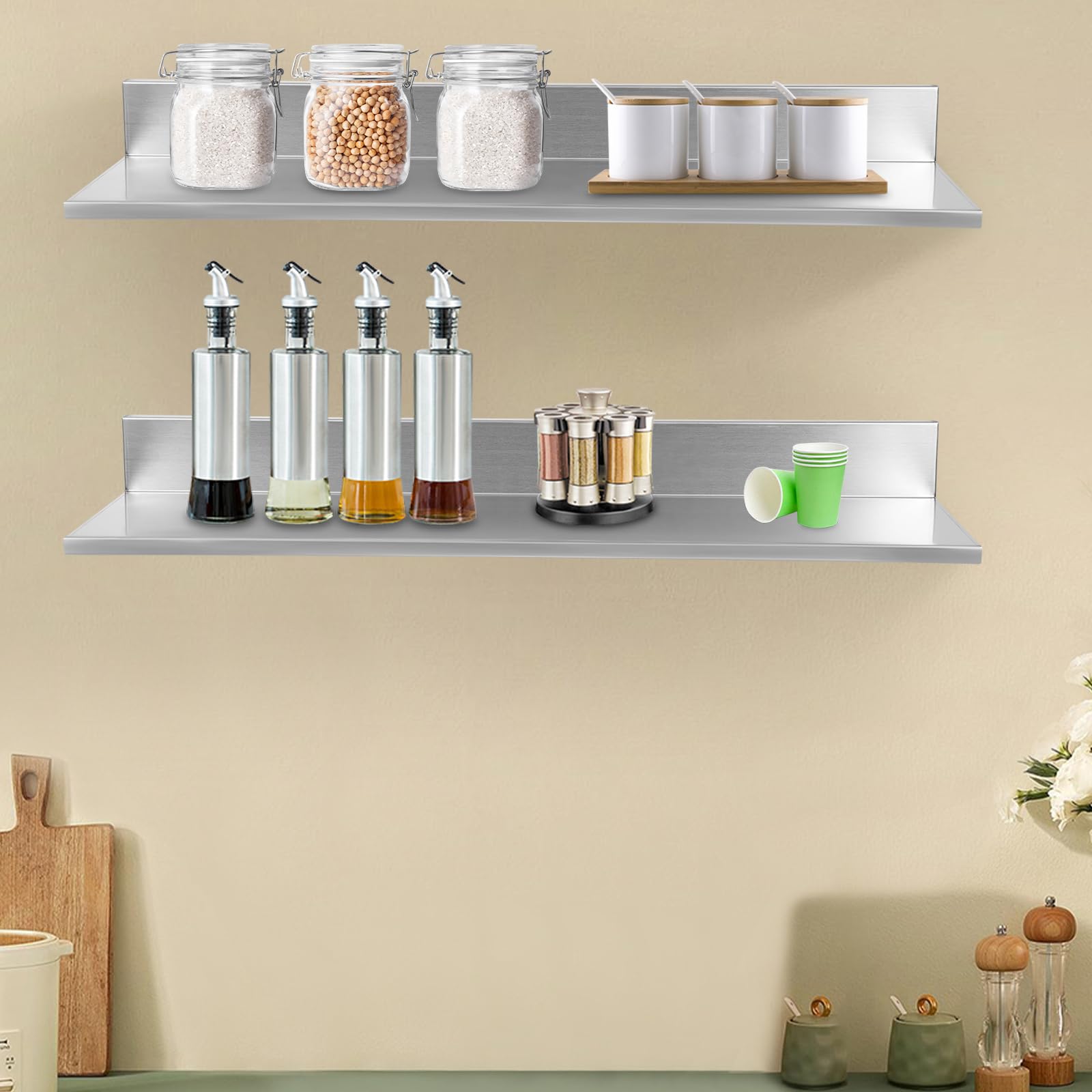 Estantería para especias de pared de acero inoxidable, juego de 2 unidades, estante para especias colgante, 18 kg, estante de cocina para especias, soporte para utensilios de cocina, montaje en