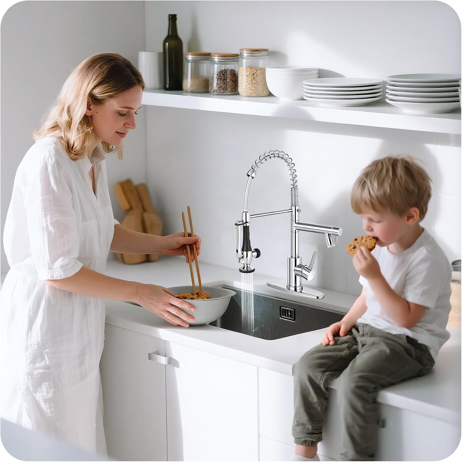 LED Kitchen Faucet with Pull Down Sprayer - Chrome Single Handle Commercial Kitchen Faucets, 2-Spout Stainless Steel Spring Pull Out Kitchen Sink Faucet 1/3 Hole with Deck Plate