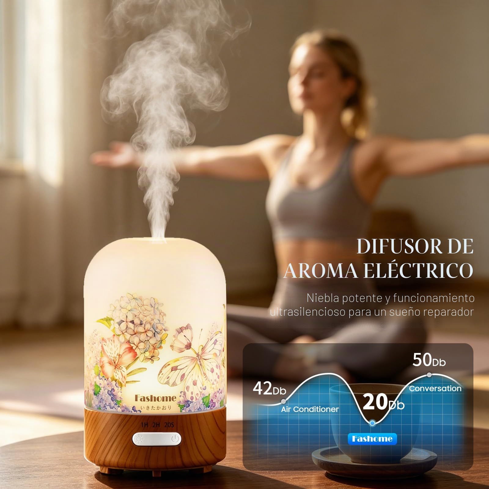 Fashome Difusor de aroma de 100 ml, difusor de aceites esenciales de cristal hecho a mano, apagado automático, silencioso con luz cálida, para el hogar, oficina, dormitorio (vainilla primaveral)