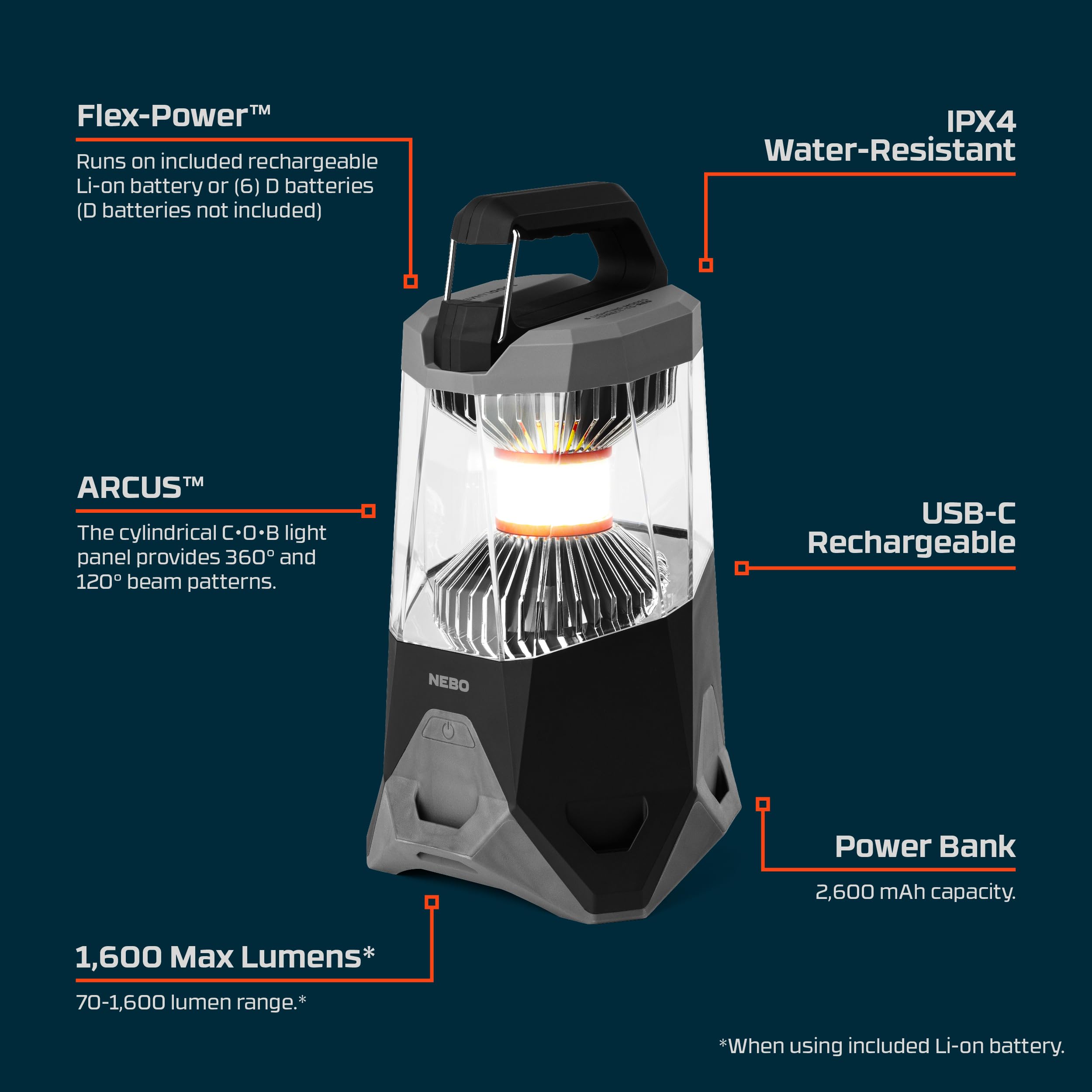 NEBO Galileo 1600 Flex - 1600 Lumen Laterne - Wiederaufladbare Campingleuchte & Powerbank - 360° LED Beleuchtung & IPX4 Wasserdichtigkeit