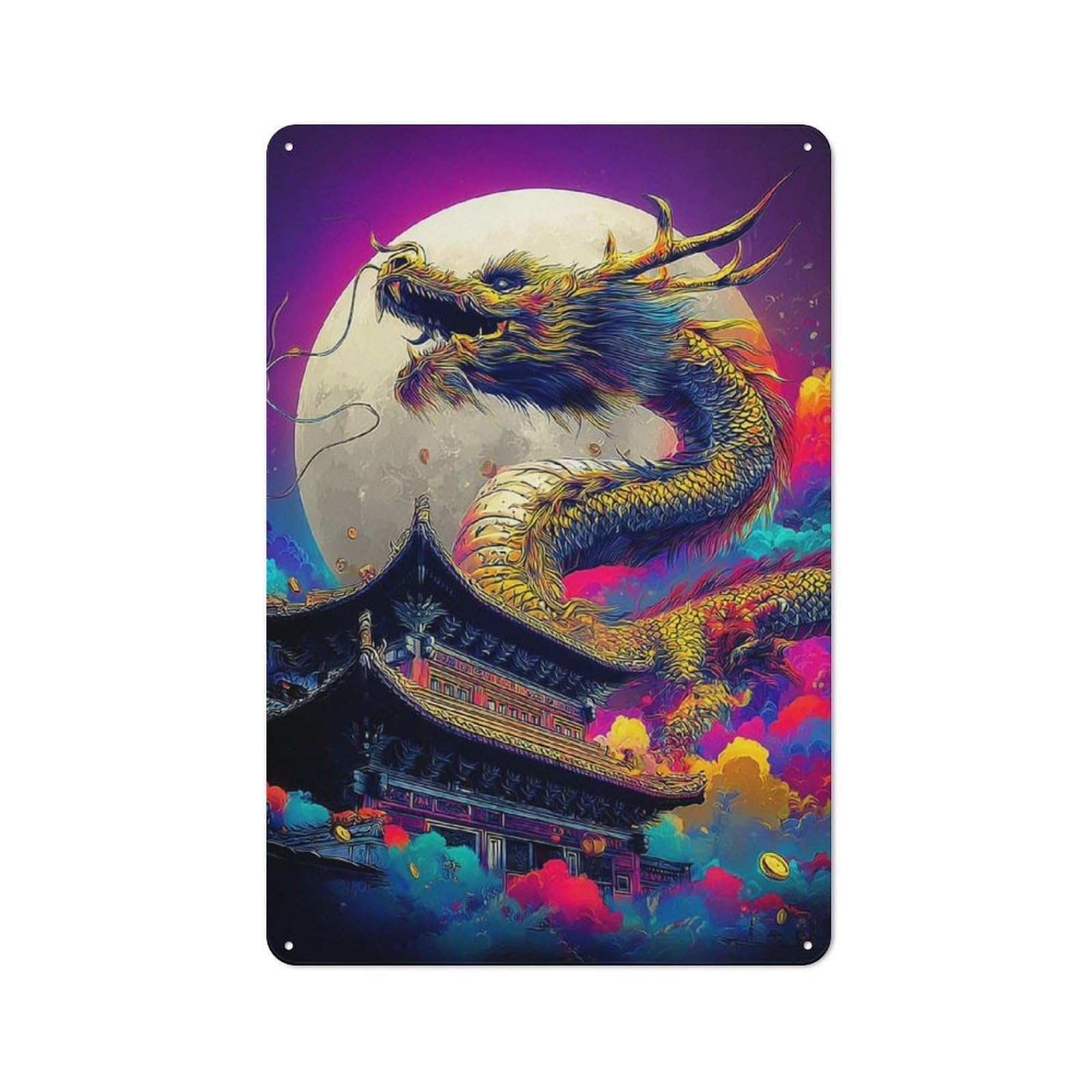 Junmoney Dragon Moonlit Palace Industrial Tin Sign 30X20cm, Garage Wall Decor For Garage, Hobby Room, Office Or Man Cave