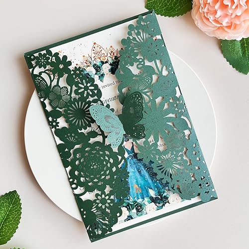 Miniatura 2 de Hosmsua 5.12 x 7.3 pulgadas, 50 tarjetas de invitación de quinceañera de flora de encaje de color verde esmeralda personalizadas con invitaciones de