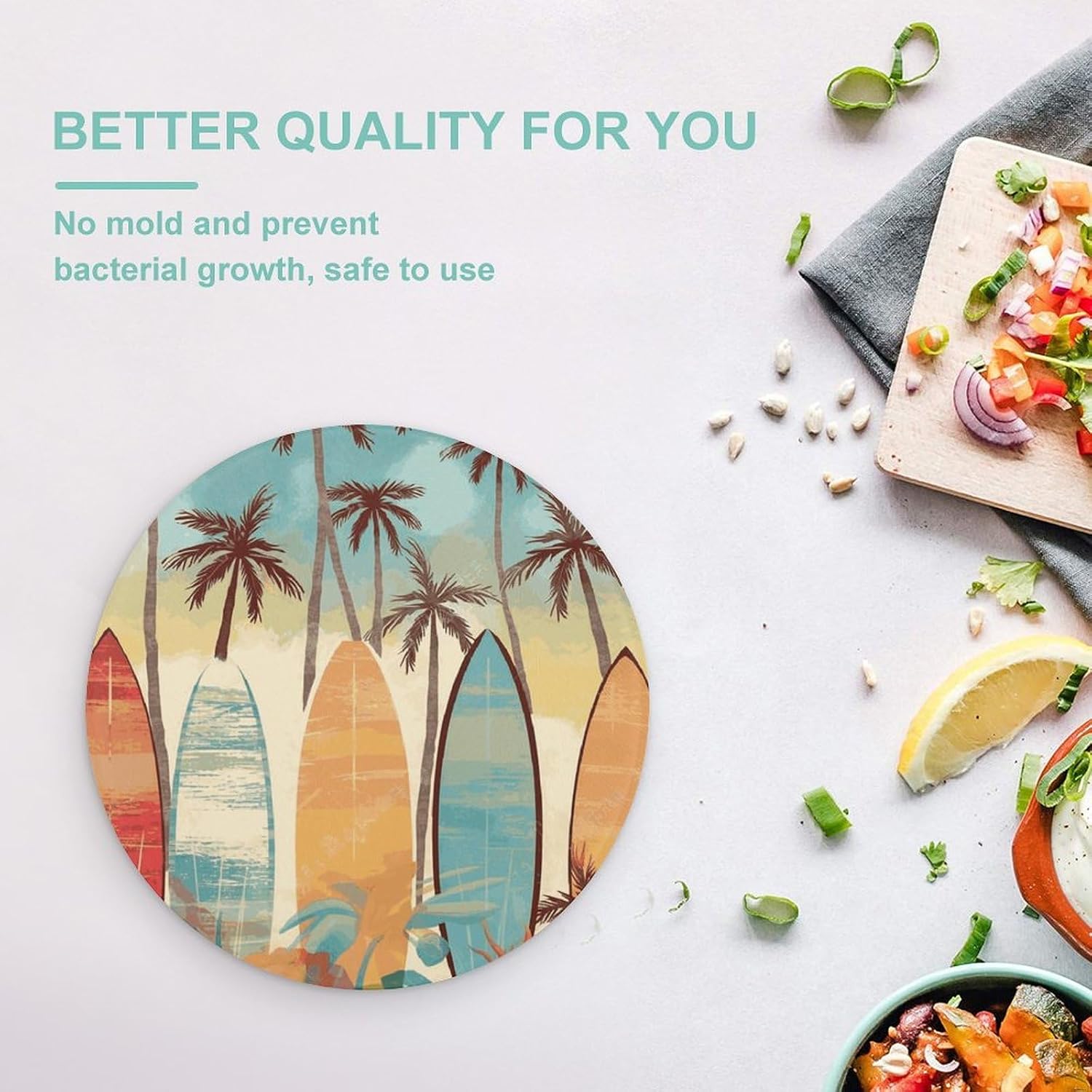 Surfboard Palm Tree Chopping Block Tempered Glass Cutting Board Mats Round Countertop Cutting Boards Small Charcuterie Boards Bar Cheese Board Snack Tray