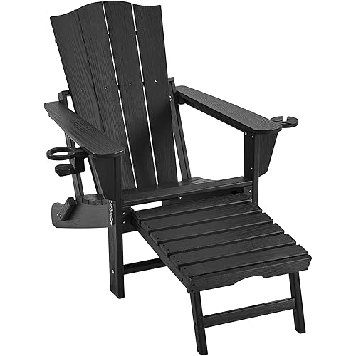 Yaheetech Adirondack Chair with Retractable Ottoman, All Weather Patio Folding Fire Pit Chair with Cup Holder and Phone Holder for Outdoor Poolside, Black