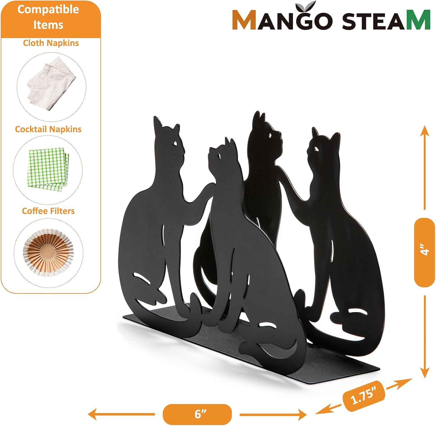 Mango Steam Tabletop Napkin/Tissue & Letter Holder For Home, Kitchen, Restaurants (Cat, Black)