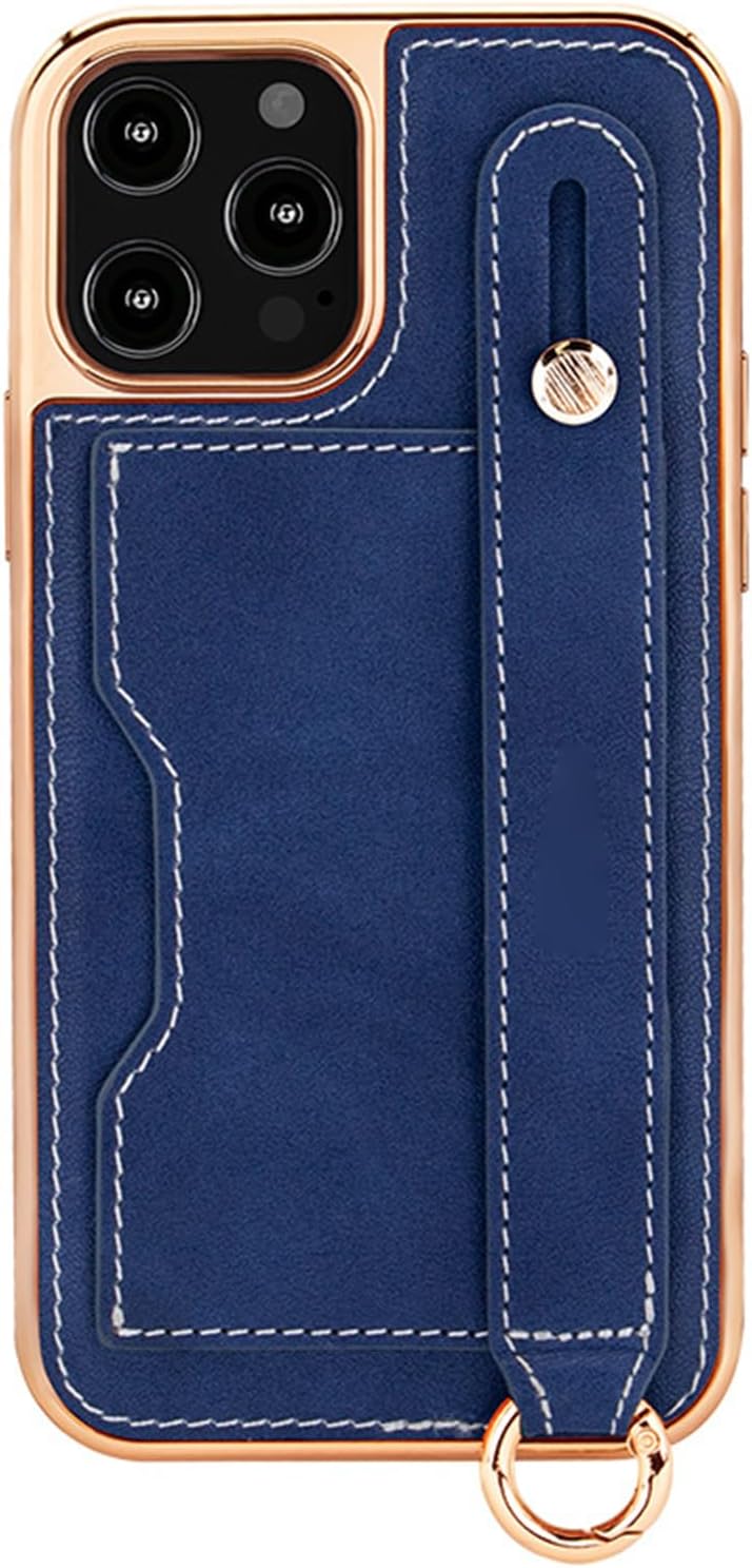 Black,16 Plus, Leather Case for iPhone 16 Pro Max/16 Pro/16 Plus/16, Wallet Wristrap Cover Stand Function Plating Edge Slim Anti-Scratch Shell (Blue 16)