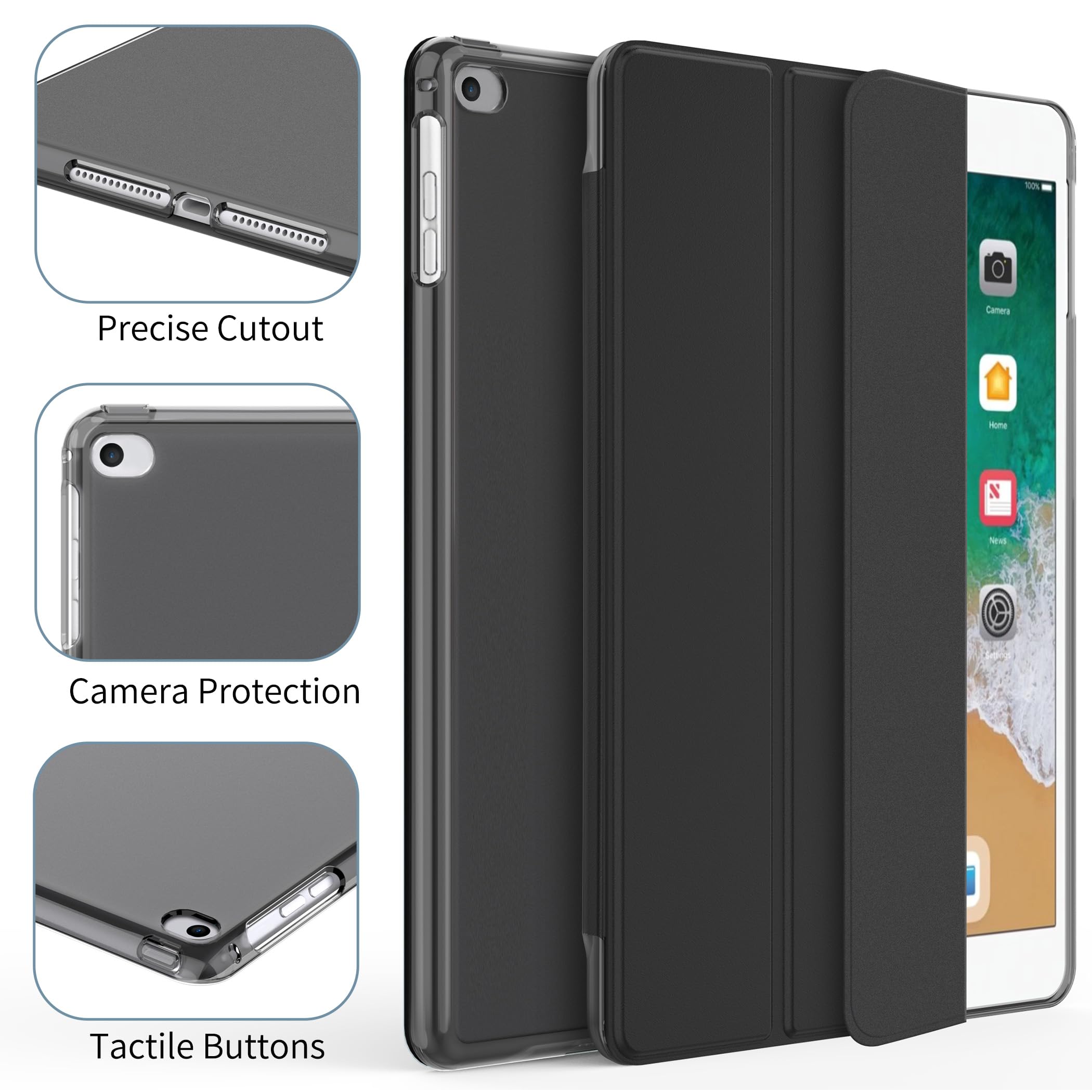 EasyAcc Cover Custodia Compatibile con iPad 9.7 2018 iPad 6 Gen /2017 iPad 5 Gen, iPad Air 1/2, Custodia Protettiva Tripla Ultra Sottile Leggera con Retro Smart Cover per iPad 9.7, nero
