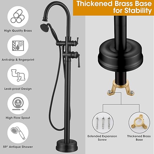 Miniatura 3 de B2311-BK Grifo de bañera romano independiente con grifo de ducha giratorio de cuello de cisne antiguo, grifo mezclador de ducha - Llenador de bañera