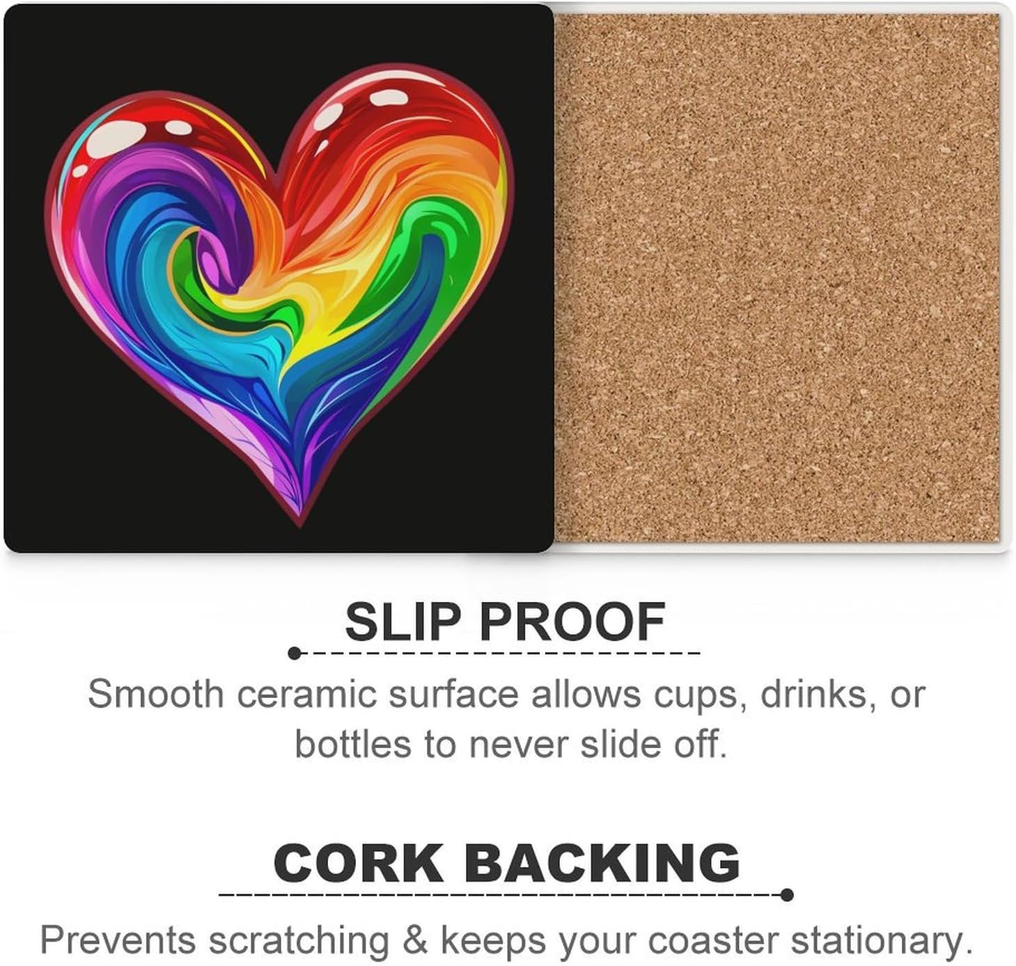 LGBT Rainbow Heart Coaster for Drinks Square Ceramic Table Coasters Stone Mat Crafts 6PCS Home Kitchen Decor