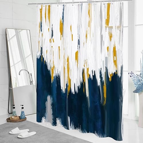 Miniatura 2 de MitoVilla Cortinas de ducha azul marino y dorado para decoración moderna de baño abstracta, cortina de ducha de tela azul oscuro, estilo de pintura