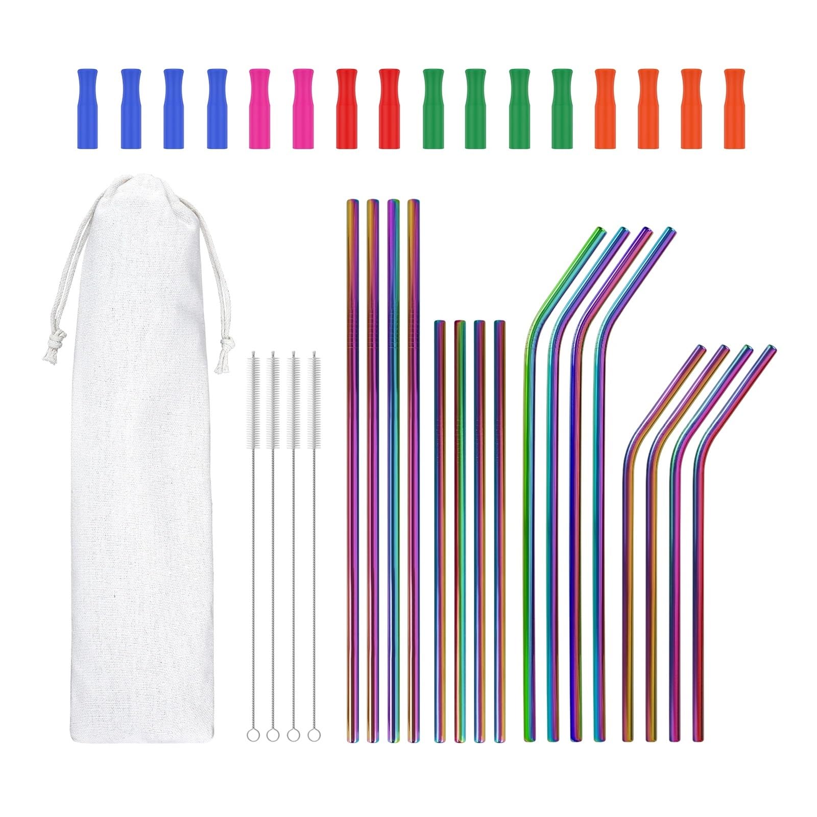 Stainless Steel Straws Gebogener Strohhalm aus Edelstahl, tragbare Strohhalme, lang trinkende Silikonspitzen, Bürste für Kaltgetränke(32pcs)