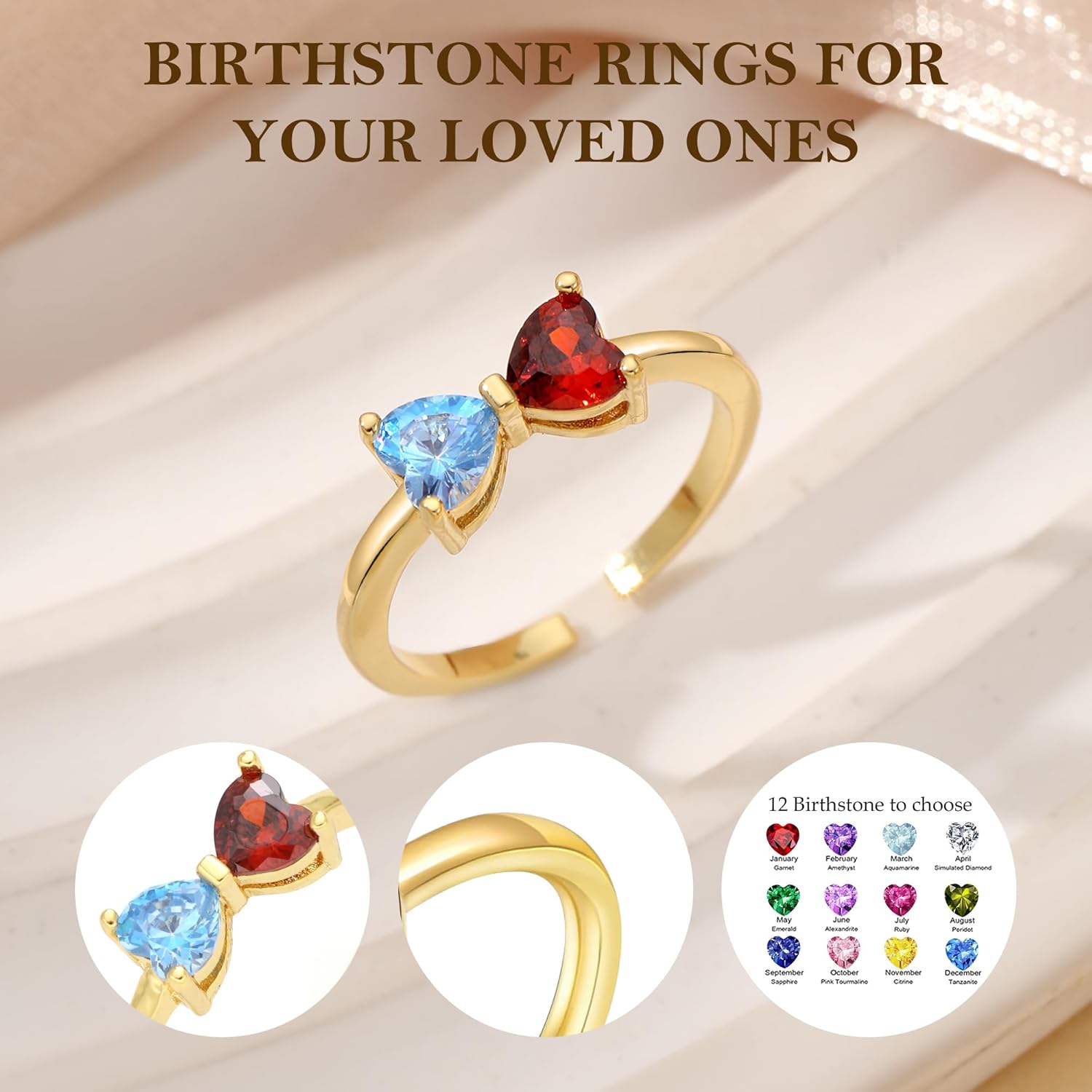 JSJOY Birthstone Rings, Birthday Gifts for Women Gold Plated Rings Heart Adjustable Christmas Gift for Women Girlfriend Mom Anniversary Wedding Jewelry Christmas Stocking Stuffers - Image 5