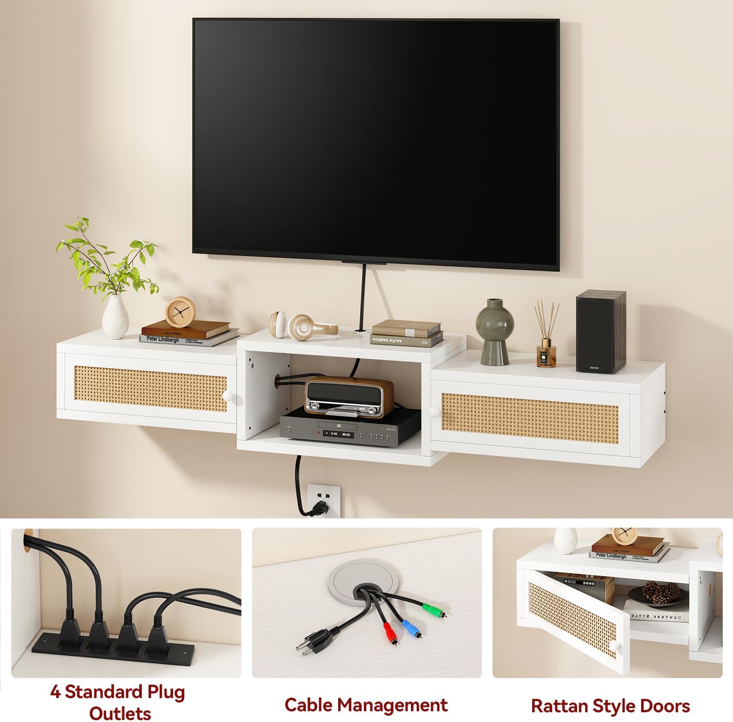 IBUYKE Modern Rattan Floating TV Stand with Doors,Wall Mounted TV Shelf for TVs up to 55 Inches,Media Console Entertainment Center for Under TV Storage Cabinet for Living Room Bedroom,White UWST012W - Image 5