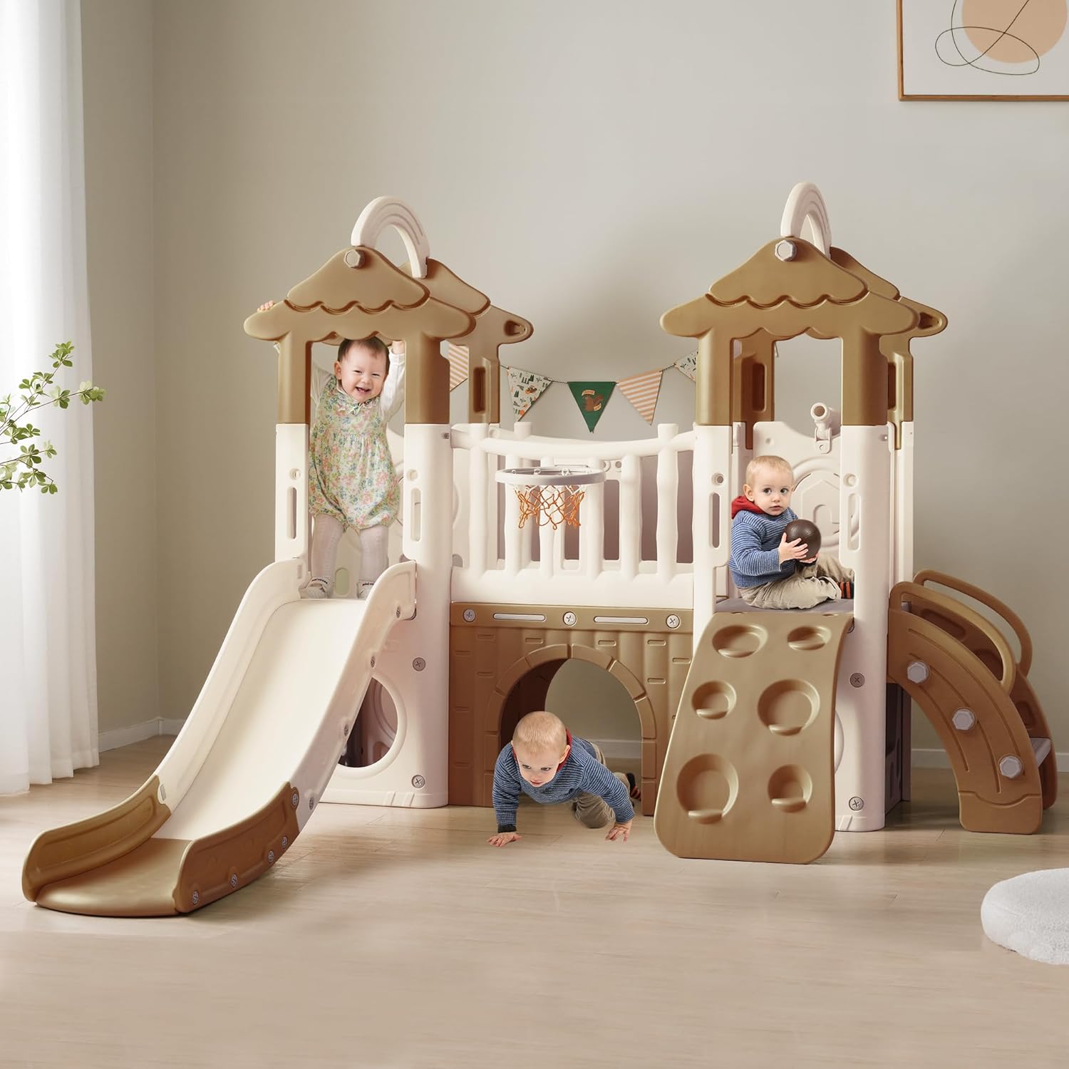 ABH 8-in-1 Toddler Climber Slide Set, Kids Slide for Toddlers Age 1 3, Heavy Duty Indoor Outdoor Playground with Basketball Hoop, Durable Freestanding Playset for Babies, Brown