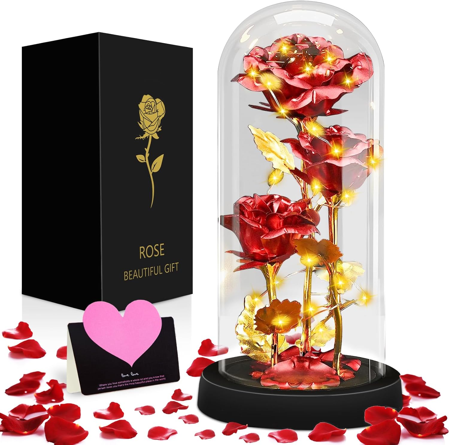 Rosa Eterna Bella E Bestia In Cupola Di Vetro Con Luci LED - Regalo Romantico Per Lei - Foto 3