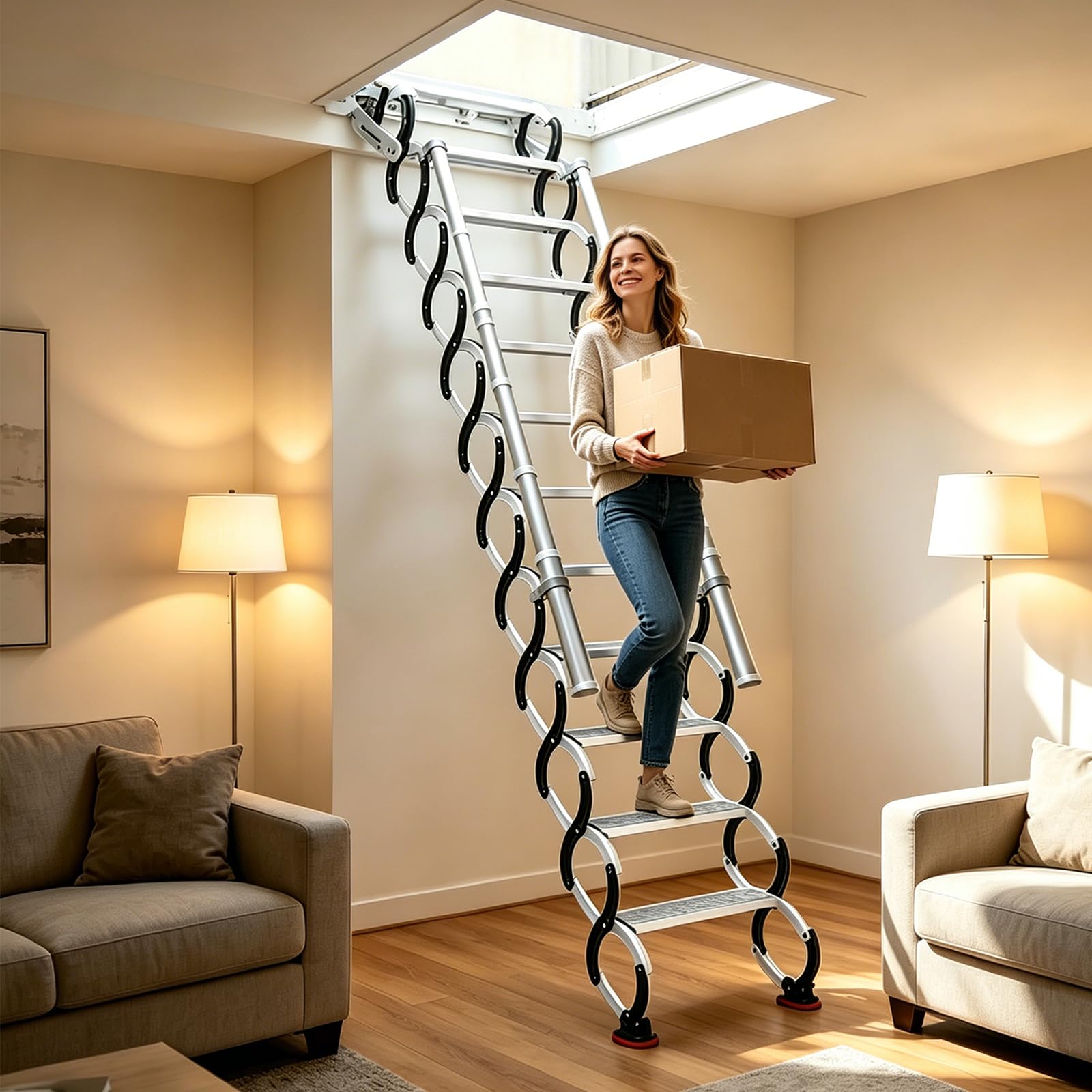 12 Stufen Wandmontierte Dachbodenleiter, Einziehbare mit 2 Handlauf Ausziehbare Klappleiter, Robustem Faltsystem, für Wohnzimmer, Büro, Schlafzimmer, Garage & Balkon (2.9-3.0m/9.5-10ft)