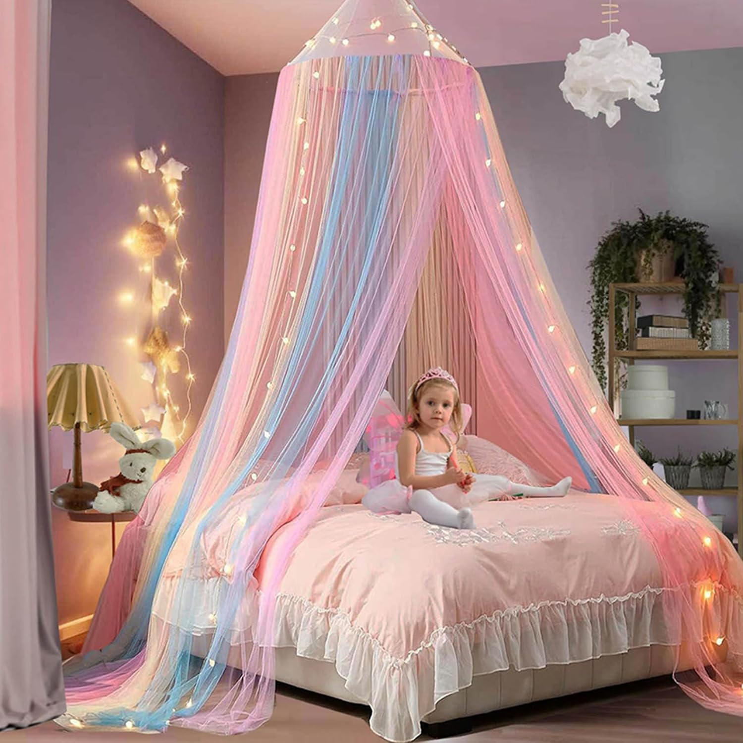 Bed Canopy, Colorful Princess Bed Canopy for Girls, Extra Large Dome Foldable Mosquitos Net with Hook and Storage Bag for Kids Boys Girls Room Decoration.