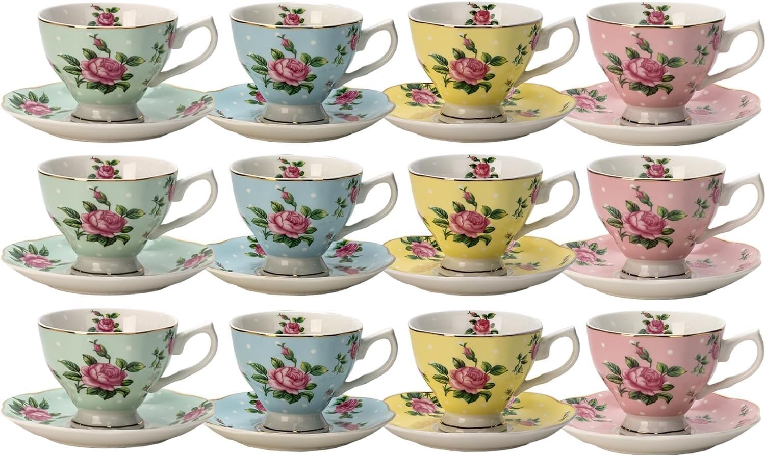 BTaT- Floral Tea Cups and Saucers, Set of 12, 8 oz, Fine Porcelain Teacup Set with Gold Trim for Afternoon Tea, Weddings, Parties & Gifting, Dishwasher Safe, Lightweight, Non-Toxic