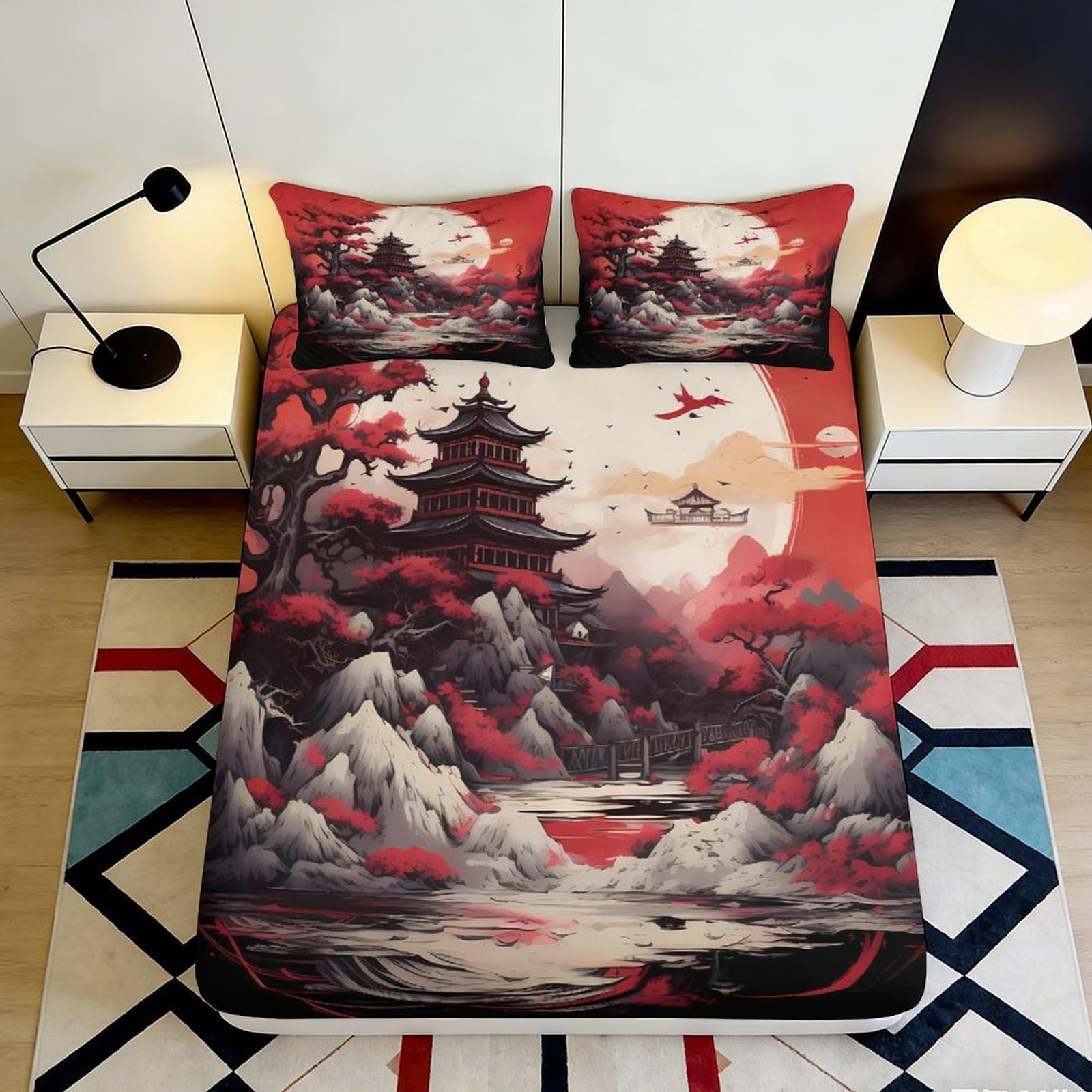 Jqzkxnhpbr Style-1 3D Printed Japanese Pagoda Fitted Sheet Microfiber Red Landscape Bed Cover For Bedroom Dorm Mattress Protection Decor 90X200x25cm