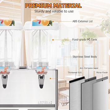 Commercial Ice Beverage Dispenser, 2 Tanks 9.6 Gallon Stainless Steel Drink Dispenser with Thermostat Control, 370W 36L Cold Juice Dispenser for Cafeterias, Hotel Parties,Sliver