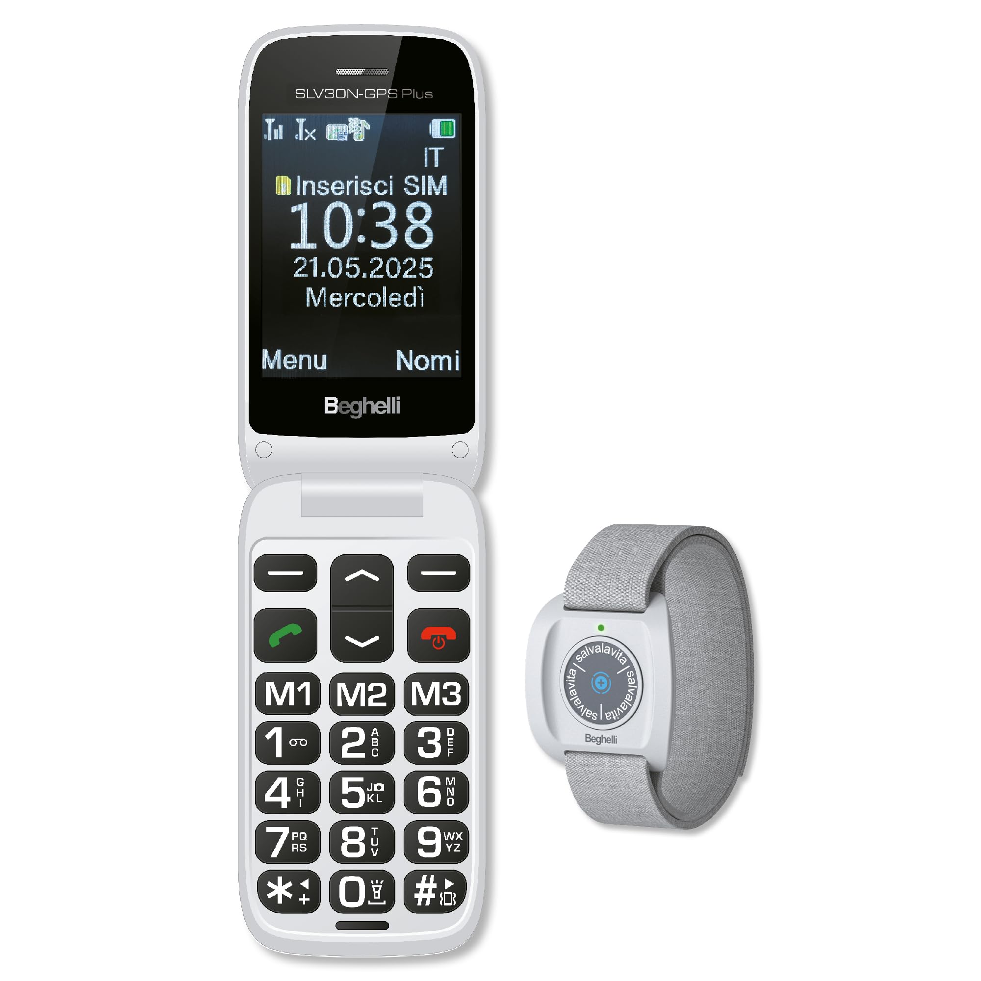 Beghelli - Telefono Salvavita e Braccialetto, Salvalavita Phone SLV30N GPS Plus + Salvalavita Braccialetto SLV Band Plus, SOS con GPS, Tasto Emergenza, Chiamata Rapida, Display 2.8” (Colore Grigio)