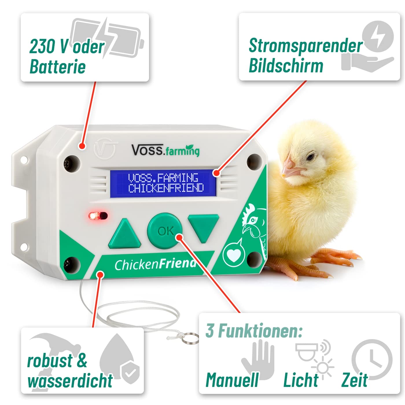 VOSS.farming Steuerung ChickenFriend automatische Hühnertür, Hühnerklappe, Türöffner für Hühnerstall
