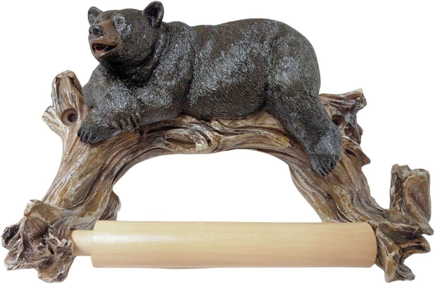 Rustic Cabin Style Black Bear on Log Toilet Paper Holder Wall Mounted