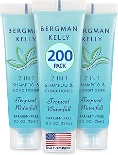 Bergman Kelly - Travel Size 2 in 1 Shampoo & Conditioner - 0.5 fl oz, 200 PK, Tropical Waterfall - Delight Your Guests w/Invigorating & Refreshing Shampoo Amenities - Small Hotel Toiletries in Bulk