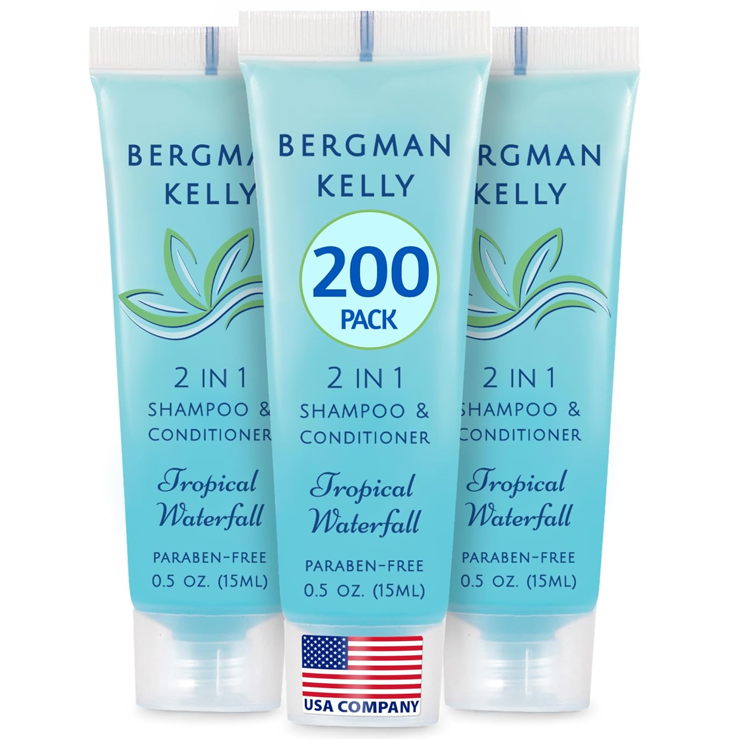 Bergman Kelly - Travel Size 2 in 1 Shampoo & Conditioner - 0.5 fl oz, 200 PK, Tropical Waterfall - Delight Your Guests w/Invigorating & Refreshing Shampoo Amenities - Small Hotel Toiletries in Bulk
