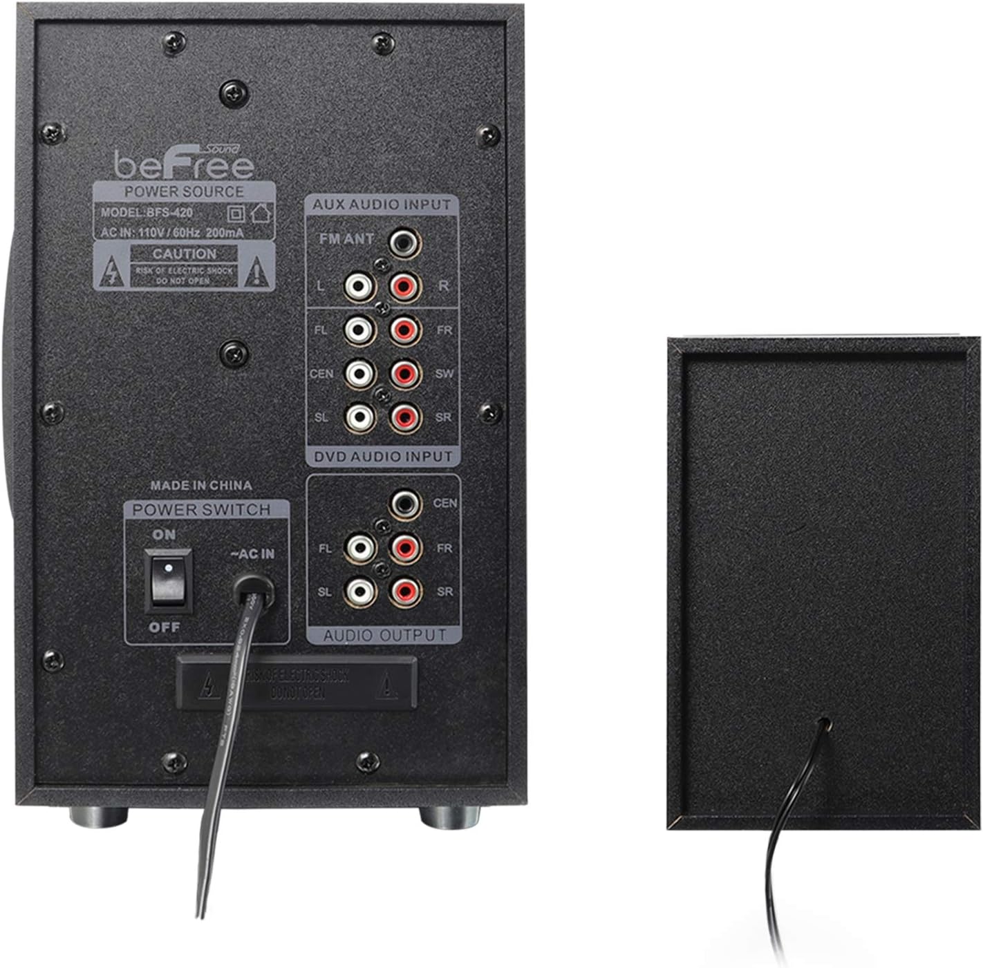 Rear panel of the beFree Sound subwoofer showing various audio input and output ports, including speaker connections, AUX, FM antenna, and DVD inputs.