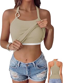 OwnTime Womens Built in Bra Tank Tops Padded Summer Sleeveless Square Neck Racerback Shirts Ribbed Fitted Basic Tops